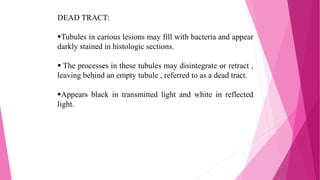 DEAD TRACT:
Tubules in carious lesions may fill with bacteria and appear
darkly stained in histologic sections.
 The processes in these tubules may disintegrate or retract ,
leaving behind an empty tubule , referred to as a dead tract.
Appears black in transmitted light and white in reflected
light.
 