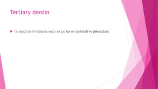 Tertiary dentin
 In reaction to trauma such as caries or restorative procedure
 