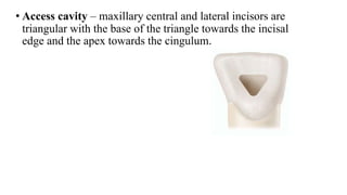 • Access cavity – maxillary central and lateral incisors are
triangular with the base of the triangle towards the incisal
edge and the apex towards the cingulum.
 