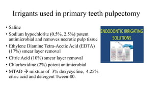 Irrigants used in primary teeth pulpectomy
• Saline
• Sodium hypochlorite (0.5%, 2.5%) potent
antimicrobial and removes necrotic pulp tissue
• Ethylene Diamine Tetra-Acetic Acid (EDTA)
(17%) smear layer removal
• Citric Acid (10%) smear layer removal
• Chlorhexidine (2%) potent antimicrobial
• MTAD  mixture of 3% doxycycline, 4.25%
citric acid and detergent Tween-80.
 