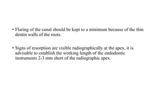 • Flaring of the canal should be kept to a minimum because of the thin
dentin walls of the roots.
• Signs of resorption are visible radiographically at the apex, it is
advisable to establish the working length of the endodontic
instruments 2-3 mm short of the radiographic apex
 