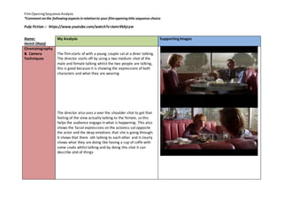 FilmOpeningSequence Analysis
*Comment onthe followingaspectsinrelationto your filmopeningtitle sequence choice
Pulp Fiction :- https://www.youtube.com/watch?v=Jomr9SAjcyw
Name:
Hemit Dhanji
My Analysis SupportingImages
Cinematography
& Camera
Techniques
The filmstarts of with a young couple sat at a diner talking.
The director starts off by using a two medium shot of the
male and female talking whilst the two people are talking,
this is good because it is showing the expressions of both
characters and what they are wearing
The director also uses a over the shoulder shot to get that
feeling of the view actually talking to the female, so this
helps the audience engage in what is happening. This also
shows the facial expressions on the actoress sat opposite
the actor and the deap emotions that she is going through.
It shows that there oth talking to each other and it clearly
shows what they are doing like having a cup of coffe with
some snaks whilst talking and by doing this shot it can
describe alot of things
 