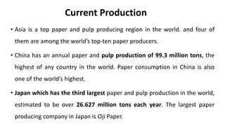 Current Production
• Asia is a top paper and pulp producing region in the world. and four of
them are among the world’s top-ten paper producers.
• China has an annual paper and pulp production of 99.3 million tons, the
highest of any country in the world. Paper consumption in China is also
one of the world’s highest.
• Japan which has the third largest paper and pulp production in the world,
estimated to be over 26.627 million tons each year. The largest paper
producing company in Japan is Oji Paper.
 