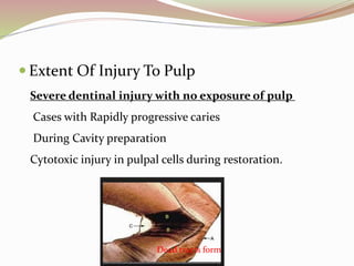  Extent Of Injury To Pulp
Severe dentinal injury with no exposure of pulp
Cases with Rapidly progressive caries
During Cavity preparation
Cytotoxic injury in pulpal cells during restoration.
Dead tracts form
 