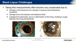 | July 30, 2020 |
© Yokogawa Electric Corporation
Black Liquor Challenges
 Taking flow measurements often become very complicated due to:
 Damage to the lining from the changes in pressure and temperature
conditions
 Damage due to the abrasive and adhesive fluids
 Leakage from electrodes, due to a deformation of the lining, resulting in a gap
between the lining and electrode
 