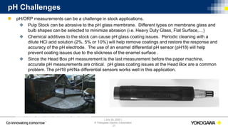 | July 30, 2020 |
© Yokogawa Electric Corporation
pH Challenges
 pH/ORP measurements can be a challenge in stock applications.
 Pulp Stock can be abrasive to the pH glass membrane. Different types on membrane glass and
bulb shapes can be selected to minimize abrasion (i.e. Heavy Duty Glass, Flat Surface,…)
 Chemical additives to the stock can cause pH glass coating issues. Periodic cleaning with a
dilute HCl acid solution (2%, 5% or 10%) will help remove coatings and restore the response and
accuracy of the pH electrode. The use of an enamel differential pH sensor (pH18) will help
prevent coating issues due to the slickness of the enamel surface .
 Since the Head Box pH measurement is the last measurement before the paper machine,
accurate pH measurements are critical. pH glass coating issues at the Head Box are a common
problem. The pH18 pH/Na differential sensors works well in this application.
27
Image Source: https://www.shutterstock.com/video/clip-
2971600-paper-pulp-rotates-machine---medium-shot
 