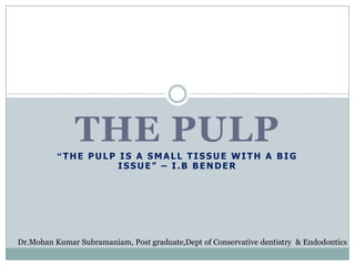 THE PULP
“THE PULP IS A SMALL TISSUE WITH A BIG
ISSUE” – I.B BENDER

Dr.Mohan Kumar Subramaniam, Post graduate,Dept of Conservative dentistry & Endodontics

 