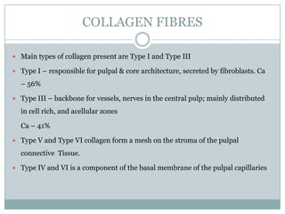 COLLAGEN FIBRES
 Main types of collagen present are Type I and Type III
 Type I – responsible for pulpal & core architecture, secreted by fibroblasts. Ca

– 56%
 Type III – backbone for vessels, nerves in the central pulp; mainly distributed

in cell rich, and acellular zones

Ca – 41%
 Type V and Type VI collagen form a mesh on the stroma of the pulpal

connective Tissue.
 Type IV and VI is a component of the basal membrane of the pulpal capillaries

 