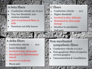 A-beta fibers







C fibers

Conduction velocity 30-70 m/s
Very low threshold, nonnoxious sensation
40% of myelinated fibers in
pulp
Functions not fully known









A-delta fibers
 Conduction velocity -

m/s

 Lower threshold
 Involved in fast, sharp pain

Non-myelinated
sympathetic fibers



 Stimulated by hydrodynamic

stimuli
 Sensitive to ischemia
 Sharp pain

Conduction velocity - m/s
Higher threshold
Involved in slow, dull pain
Stimulated by direct pulp
damage
Sensitive to anesthetics
Dull pain



Conduction velocity 0-2 m/s
Post-ganglionic fibers of superior
cervical ganglion
Vasoconstriction & Vasodilation.

 