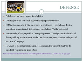 DEFENSE
 Pulp has remarkable reparative abilities,
  It responds to irritation by producing reparative dentin
  Mild to moderate irritation results in continued

peritubular dentin

formation, sclerosis and intratubular calcifiction-(Tublar sclerosis).
 Various cells of the pulp aid in the repair process. The rigid dentinal wall and

the unyielding, enclosure can lead to partial or complete vascular collapse and
necrosis of the pulp.
 However, if the inflammation is not too severe, the pulp will heal via its

excellent regenerative properties.
Kim S: Neurovasclar interactions in the dental pulp in inflammation, J Endod 16: 48-53, 1990

 