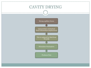 CAVITY DRYING

Strong capillary forces

Outward flow of Dentinal
fluid/Odontoblast displacement

This is replaced by fluid from
the pulp

Stimulates Nociceptors

Produces Pain

 
