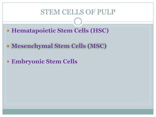 STEM CELLS OF PULP
 Hematapoietic Stem Cells (HSC)
 Mesenchymal Stem Cells (MSC)
 Embryonic Stem Cells

 