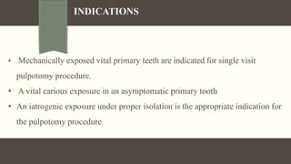 INDICATIONS
• Mechanically exposed vital primary teeth are indicated for single visit
pulpotomy procedure.
• A vital carious exposure in an asymptomatic primary tooth
• An iatrogenic exposure under proper isolation is the appropriate indication for
the pulpotomy procedure.
 