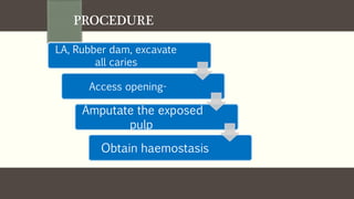 PROCEDURE
LA, Rubber dam, excavate
all caries
Access opening-
Amputate the exposed
pulp
Obtain haemostasis
 