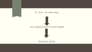 Er laser , air water spray
micro explosive force on water droplets
Hard tissue cutting
 