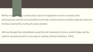 After removal of the coronal pulp a layer of coagulation necrosis is produced by
electrosurgery and this was postulated to provide a barrier between healthy radicular pulp and
the base material thus sealing the pulp chamber.
It was thought that odontoblasts would then be stimulated to form a dentin bridge and the
tooth be maintained until it was ready to exfoliate (Sheller & Morton, 1987).
 