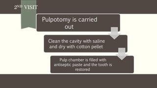 2ND VISIT
Pulpotomy is carried
out
Clean the cavity with saline
and dry with cotton pellet
Pulp chamber is filled with
antiseptic paste and the tooth is
restored
 