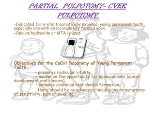 6. Achieve hemostasis with dry cotton pellets under     	 	          	pressure. 7. Apply diluted formocresol to pulp on cotton pellet for     	          	3- 5 minutes. Pressure on pellet.     8. Prepare tooth for Stainless steel crown     9. Pulp stumps should appear dry.    10. Place a thick paste of ZOE in contact with pulp          		stumps.    11. Place stainless steel crown (or bonded composite)