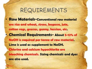 REQUIREMENTS
• Raw Materials-Conventional raw material
are rice and wheat, straw, bagasse, jute,
cotton rags, grasses, gunny, hessian, etc.

• Chemical Requirements- About 5-12% of
NaOH is required per tonne of raw material.
Lime is used as supplement to NaOH.
Chlorine and calcium hypochlorite are
bleaching chemicals. Sizing chemicals and dyes
are also used.
19/03/2012

3

 
