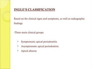 INGLE’S CLASSIFICATION
Based on the clinical signs and symptoms, as well as radiographic
findings
-Three main clinical groups
• Symptomatic apical periodontitis
• Asymptomatic apical periodontitis
• Apical abscess
 