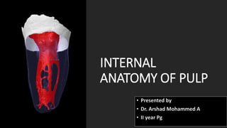 INTERNAL
ANATOMY OF PULP
• Presented by
• Dr. Arshad Mohammed A
• II year Pg
 