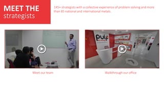 MEET THE
strategists
145+ strategists with a collective experience of problem solving and more
than 85 national and international metals.
Meet our team Walkthrough our office
 
