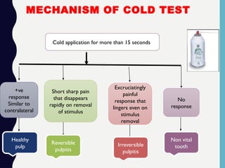 MECHANISM OF COLD TEST
Cold application for more than 15 seconds
+ve
response
Similar to
contralateral
Short sharp pain
that disappears
rapidly on removal
of stimulus
Excruciatingly
painful
response that
lingers even on
stimulus
removal
No
response
Healthy
pulp
Reversible
pulpitis
Irreversible
pulpitis
Non vital
tooth
 