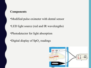Components
•Modified pulse oximeter with dental sensor
•LED light source (red and IR wavelengths)
•Photodetector for light absorption
•Digital display of SpO readings
₂
 