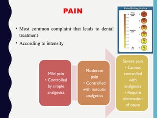 PAIN
• Most common complaint that leads to dental
treatment
• According to intensity
Mild pain
• Controlled
by simple
analgesics
Moderate
pain
• Controlled
with narcotic
analgesics
Severe pain
• Cannot
controlled
with
analgesics
• Require
elimination
of cause
 