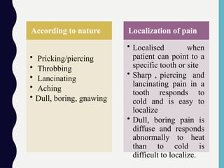 According to nature
• Pricking/piercing
• Throbbing
• Lancinating
• Aching
• Dull, boring, gnawing
Localization of pain
• Localised when
patient can point to a
specific tooth or site
• Sharp , piercing and
lancinating pain in a
tooth responds to
cold and is easy to
localize
• Dull, boring pain is
diffuse and responds
abnormally to heat
than to cold is
difficult to localize.
 