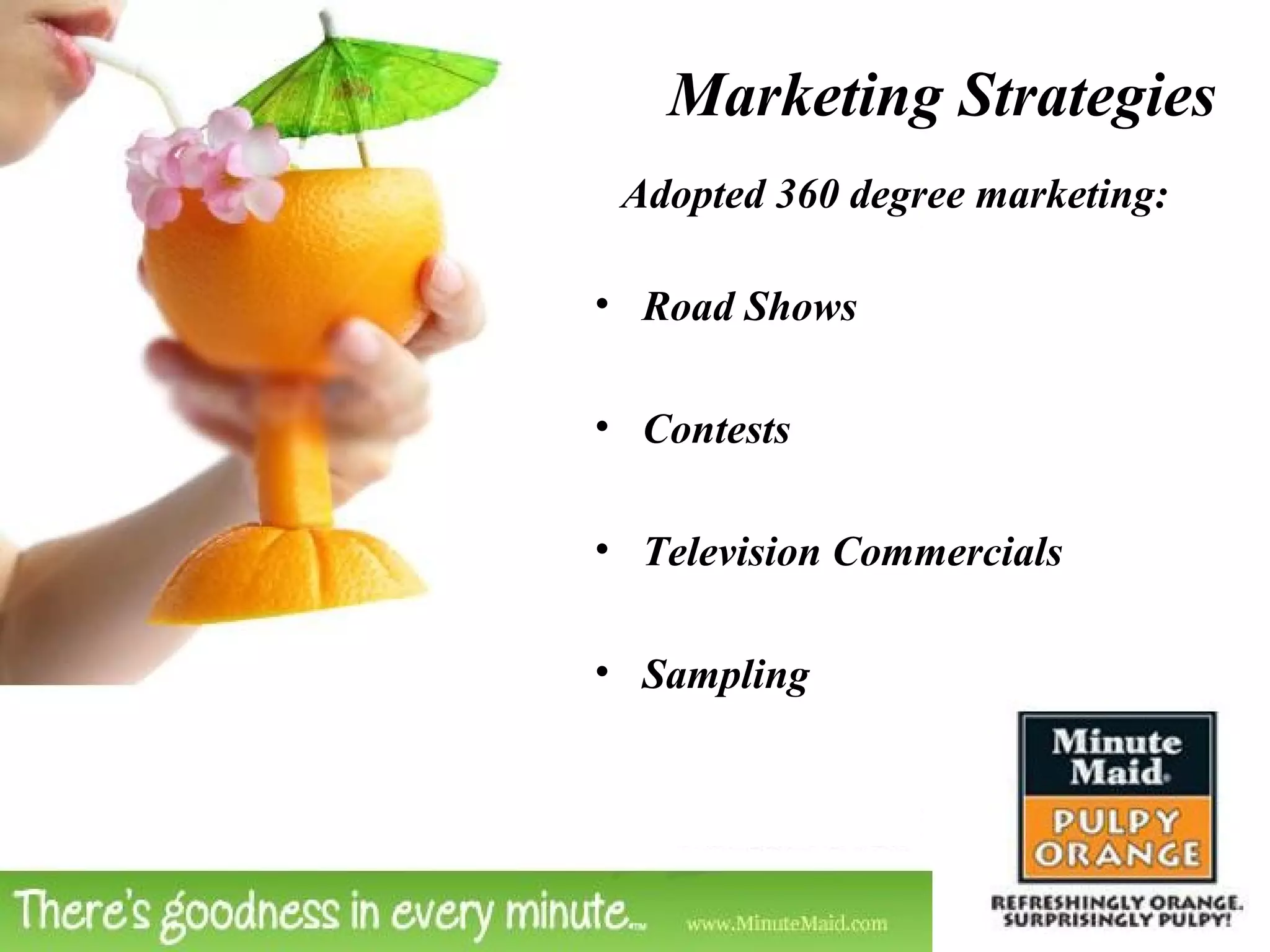 Marketing Strategies Adopted 360 degree marketing: Road Shows Contests Television Commercials Sampling 