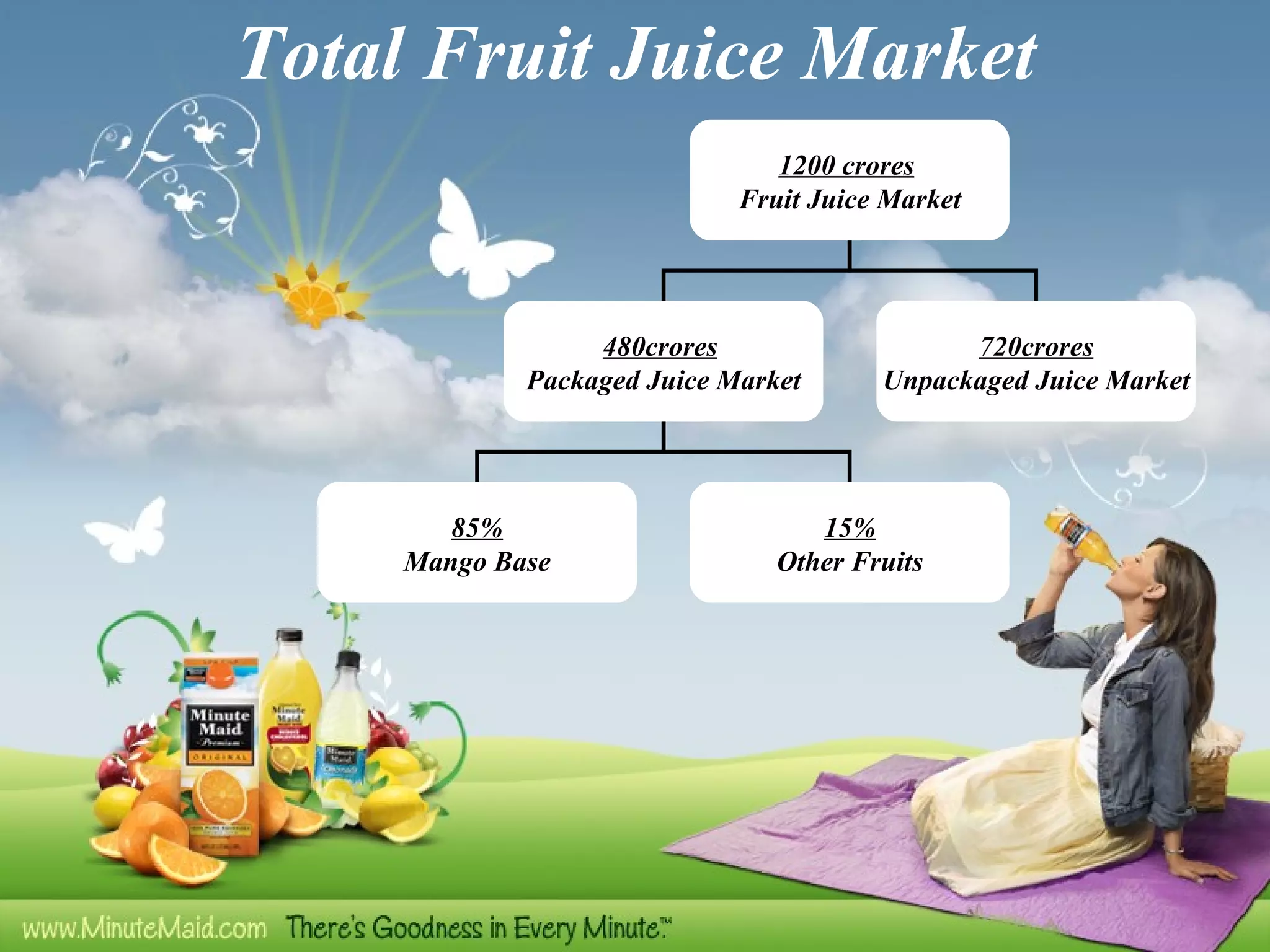 Total Fruit Juice Market 1200 crores   Fruit Juice Market 480crores   Packaged Juice Market 720crores Unpackaged Juice Market 85% Mango Base 15% Other Fruits 