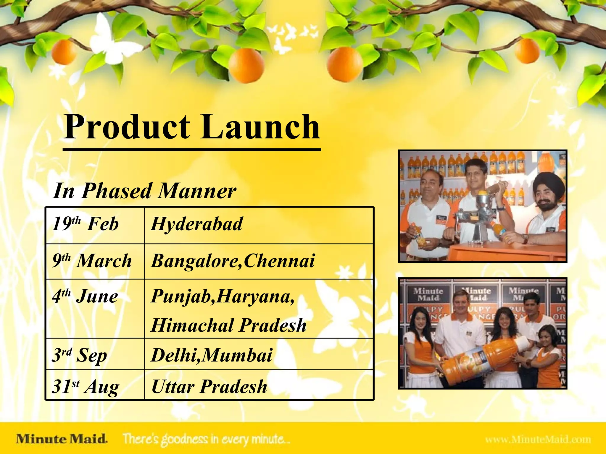 Product Launch In Phased Manner Uttar Pradesh 31 st  Aug Delhi,Mumbai 3 rd  Sep Punjab,Haryana, Himachal Pradesh 4 th  June Bangalore,Chennai 9 th  March Hyderabad 19 th  Feb 