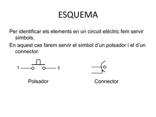 ESQUEMA
Per identificar els elements en un circuit elèctric fem servir
símbols.
En aquest cas farem servir el símbol d’un polsador i el d’un
connector.
Polsador Connector
 