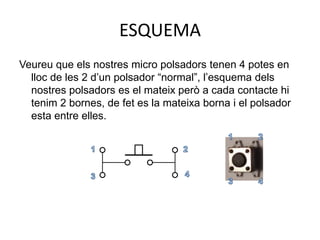ESQUEMA
Veureu que els nostres micro polsadors tenen 4 potes en
lloc de les 2 d’un polsador “normal”, l’esquema dels
nostres polsadors es el mateix però a cada contacte hi
tenim 2 bornes, de fet es la mateixa borna i el polsador
esta entre elles.
 