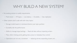 WHY BUILD A NEW SYSTEM?
• No existing solution to satisfy requirements
• Multi tenant — 1M topics — Low latency — Durability — Geo replication
• Other systems don’t scale well with many topics:
• Storage model based on individual directory per topic partition
• Durability kills the performance
• Ability to manage large backlogs — Read old data without impacting writers
• Many other choking points: getting stats, access to metadata, ﬂow-control
• Operations are not very convenient — replacing servers, expanding clusters, etc…
6
 
