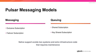 © 2020 SPLUNK INC.
Pulsar Messaging Models
• Shared Subscription
• Key Shared Subscription
Messaging Queuing
• Exclusive Subscription
• Failover Subscription
Native support avoids two systems and extra infrastructure code
that requires maintenance
 