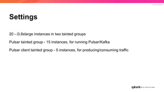 © 2019 SPLUNK INC.
Settings
20 - i3.8xlarge instances in two tainted groups
Pulsar tainted group - 15 instances, for running Pulsar/Kafka
Pulsar client tainted group - 5 instances, for producing/consuming traffic
 