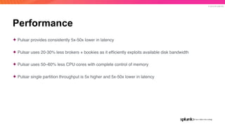 © 2019 SPLUNK INC.
Performance
✦ Pulsar provides consistently 5x-50x lower in latency
✦ Pulsar uses 20-30% less brokers + bookies as it efﬁciently exploits available disk bandwidth
✦ Pulsar uses 50–60% less CPU cores with complete control of memory
✦ Pulsar single partition throughput is 5x higher and 5x-50x lower in latency
 