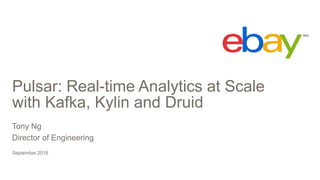 Pulsar: Real-time Analytics at Scale
with Kafka, Kylin and Druid
September 2016
Tony Ng
Director of Engineering
 