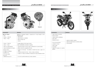 CARACTERÍSTICAS SOBLESALIENTES CARACTERISTICAS SOBRESALIENTES 
DESEMPEÑO ESTILO 
Características Beneficios 
Motor de 4 válvulas 
• DTSi 
• Potencia : 13.3083 HP 
• Torque : 1.16 kgm 
Molycote 
Ingeniería de Tecnología inovadora y avanzada para el mejor desarrollo en toda 
velocidad del motor. 
• Mayor potencia 
• Mayor eficiencia en combustible 
• Motor de trabajo suave 
• Ligereza 
Características Beneficios 
• Tanque muscular con protector 
• Alerones atractivos 
• Cubiertas laterales aerodinámicas 
• Doble asiento 
• Manubrio tipo clip on 
• Potencia : 13.3083 HP 
• Torque : 1.16 kgm 
• Completa utilización del alto torque del motor 
• Mejor maniobrabilidad y desempeño sin golpeteo 
• Pistón con acabado Molycote 
• Esprea de lubricación en el circuito 
• Operación del pistón sin fricción, mejora el enfriamiento de la corona del pistón 
• Mejora la vida de los componentes del motor 
• Arranque eléctrico 
• CDI digital con multimapeo 
• Encendido de CD 
• TPS de tipo continuo 
• Auto choke 
• Arranque de motor ligero – Sin problemas, conveniente para parar y seguir en el 
tráfico. 
• Constante desempeño del motor – Potencia, arranque y kilometraje 
• Cambios en el mapa de encendido sin translape para un mejor desempeño del motor 
• Sistema de luces de CD • Luz de faro con brillo constante aún en bajas revoluciones 
• Apariencia estilizada y deportiva 
• Motocicleta deportiva ligera con atractivos diseños 
• Postura deportiva 
• Faro de nueva generación 
• Carenado de 3 piezas 
• Doble luz piloto 
• Visor flotante 
• Soporte de posapies de aluminio, 
giratorios 
4 5 
PULSAR 135 LS PULSAR 135 LS 
 