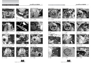 Bujías (2 Números)
1.3 ~ 1.5 Kgm
2.0 ~ 2.2 Kgm
Tuercas de Tubo de Mofle
Cubierta Filtro de Aceite
0.9 ~ 1.1 Kgm
Tapón Cedazo (tornillo drenaje)
0.9 ~ 1.1 Kgm
Tornillos Montaje Motor
2.0 ~ 2.2 Kgm M8 : 12 MM
3.5 Kgm
Tornillo Soporte Silenciador
Tornillos de la Cabeza (Corto)
2.2 ~ 2.5 Kgm
Tornillos de la Cabeza (Largo)
2.2 ~ 2.5 Kgm
MOTOR TORQUE DE APRIETE
Tornillos Montaje Motor
2 2 M8 : 12 MM
.0 ~ .2 Kgm
Tornillos Montaje Motor
3.0 ~ 3.2 Kgm M10 : 14 MM
Tornillos Cubierta Embrague
0.9 ~ 1.1 Kgm
Tornillo Allen Corona
1.0 ~ 1.1 Kgm
PULSAR 135 LS PULSAR 135 LS
53
52
MOTOR TORQUES DE APRIETE
5.0 ~ 5.5 Kgm
Tuerca del Primario
Tornillo Allen Selector
0.9 ~ 1.1 Kgm
Tuerca Guia Selector
0.9 ~ 1.1 Kgm
Sensor Térmico
0.5 Kgm
Tornillos Montaje Bomba Aceite
0.5 ~ 0.7 Kgm
Tuerca de Embrague (Rosca Izquierda)
6.5 Kgm
Tornillos de Embrague
1.1 ~ 1.0 Kgm
Tornillos Pasadores de Cárter
0.9 ~ 1.1 Kgm
Tornillos de Estator
0.9 ~ 1.1 Kgm
Tornillos Allen Montaje de Corona
0.8 Kgm
Tornillos de Carter
0.9 ~ 1.1 Kgm
Tuerca de Magneto
5.0 ~ 5.5 Kgm
 