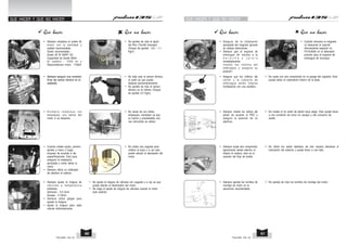 QUE HACER Y QUE NO HACER
Que no hacer
Que hacer
• Siempre remplace el aceite de
motor con la cantidad y
calidad recomendada.
Grado recomendado :
Grado 20 W 50API ‘SJ’.
Capacidad de Aceite Motor :
Al cambio : 1000 ml y
Reacondicionar motor : 1100ml
• Siempre asegure una conexión
firme del sensor térmico en el
cableado.
• No apriete de más el tapón
del filtro (Tornillo drenado).
(Torque de apriete : 0.9 ~ 1.1
Kgm)
• No deje caer el sensor térmico
al suelo ya que puede
dañarse permanentemente.
• No apriete de más el sensor
térmico en el cilindro (Torque
de apriete 0.5 Kgm)
• S i e m p r e r e m p l a c e l o s
empaques, aro sellos del
motor si se desarma.
• Cuando instale bujías, primero
apriete a mano y luego
torquear de acuerdo a las
especificaciones. Esto para
asegurar la instalación
apropiada y evitar dañar la
rosca.
• Siempre utilice un calibrador
de alambre al calibrar.
• Siempre ajuste la holgura de
válvulas a temperatura
ambiente.
Admisión : 0.0 5mm
Escape : 0.10mm
• Siempre utilice galgas para
ajustar la holgura.
• Ajuste la holgura para cada
válvula individualmente.
• No reuse los aro sellos,
empaques, candados ya que
su fuerza y propiedades una
ves removidos se dañan.
0.6 to
0.7MM
• No ajuste la holgura de válvulas con zegueta o a ojo ya que
puede afectar el desempeño del motor.
• No haga el ajuste de holgura de válvulas cuando el motor
esté caliente.
• No utilice una zegueta para
calibrar la bujía o a ojo esto
puede afectar el desmpeño del
motor.
• Asegure de la instalación
apropiada del magneto girando
en ambas direcciones.
• Siempre gire el engrane de
embrague de marcha a la
d e r e c h a y j a l e l o
inmediatamente.
Instale los rodillos del
embrague y asegure su
posición.
• Cuando remueva el magneto
no descanse el soporte
(Herramienta especial no:
F41AJA09) en el detenedor
previsto para el engrane de
embrague de arranque.
Que no hacer
Que hacer
• Siempre instale los anillos del
pistón de acuerdo al PEO y
asegure la posición de su
abertura.
• No instale el 2o anillo de pistón boca abajo. Esto puede llevar
a una condición de humo en escape y alto consumo de
aceite.
• Siempre apriete los tornillos de
montaje de motor en la
secuencia recomendada.
• No apriete de más los tornillos de montaje del motor.
• Siempre sople aire comprimido
ligeramente desde adentro al
limpiar el cedazo, esto es lo
opuesto del flujo de aceite.
• No utilice aro sellos dañados, de otra manera afectaran la
lubricación del sistema y puede llevar a una falla.
• Asegure que los orificios del
cárter y la cubierta de
embrague estén limpios
bombeando con una aceitera.
• No sople con aire comprimido en el pasaje del cigüeñal. Esto
puede dañar el rodamiento inferior de la biela.
QUE HACER Y QUE NO HACER
PULSAR 135 LS PULSAR 135 LS
61
60
 