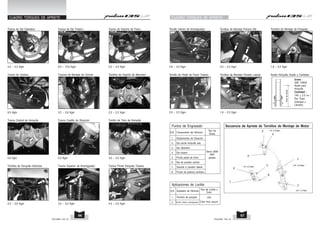 Secuencia de Apriete de Tornillos de Montaje de Motor
Puntos de Engrasado
Tipo de
Grasa
Componente del Vehículo
S.N.
1.
2.
3.
4.
5.
6.
7.
8.
Rodamientos de Dirección
Eje pivote horquilla tras.
Eje delantero
Eje trasero
Pivote pedal de freno
Eje de parador central
Soporte U parador lateral
Pivote de palanca cambios
Servo GEM
RR3
grease
Aplicaciones de Loctite
S.N.
1.
Sujetador de Vehículo
2.
Tornillos de posapie
Tornillo inferior amortiguador
Tipo de Loctite y
Color
243
Color Azul oscuro
Tornillos de Montaje Polvera Del.
2.0 ~ 2.2 Kgm
Tornillo Inferior de Amortiguador
2.8 ~ 3.2 Kgm
Tornillos de Montaje de Posapies
1.8 ~ 2.2 Kgm
Aceite Horquilla Grado y Cantidad
Grado :
SAE 10W20
Aceite para
Horquilla
Cantidad :
140 + 2.5 ml /
Por Tubo
(Drenado y
Llenado)
Nivel
de
Aceite
Tornillo de Pedal de Freno Trasero
2.0 ~ 2.2 Kgm
Tuerca de Eje Trasero
8.0 ~ 10.0 Kgm
Tuercas de Montaje de Corona
3.2 ~ 3.8 Kgm
0.5 Kgm
Tuerca Superior de Amortiguador
3.0 ~ 3.2 Kgm
Tuerca de Eje Delantero
4.5 ~ 5.5 Kgm
Tuerca de Camisa
8.0 Kgm
Tuerca Central de Horquilla Tuerca Castillo de Dirección
5.0 Kgm
Tornillos de Horquilla Inferiores
2.5 ~ 3.0 Kgm
Tuerca de Soporte de Freno
3.0 ~ 4.0 Kgm
Tornillos de Soporte de Manubrio
2.0 ~ 2.2 Kgm
Tornillo de Tubo de Horquilla
3.0 ~ 3.2 Kgm
Tuerca Pivote Horquilla Trasera
4.5 ~ 5.5 Kgm
CUADRO TORQUES DE APRIETE
CUADRO TORQUES DE APRIETE
Tornillos de Montaje Parador Lateral
1.8 ~ 2.2 Kgm
PULSAR 135 LS PULSAR 135 LS
67
66
 