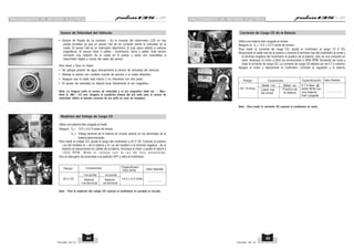 PROCEDIMIENTO DE REVISIÓN ELECTRICA
Utilice una batería bien cargada al revisar.
Asegure un V = 12.5 + 0.3 V antes de revisar.
B
Para medir la corriente de carga CD, ajuste el multímetro al rango 10 A CD.
Desconecte el cable rojo de la batería y conecte la terminar roja del multímetro al arnés y
la terminal negativa del multímetro al positivo de la batería, esto es una conexión en
serie. Arranque el motor y lleve las revoluciones a 4000 RPM. Encienda las luces y
mida la corriente de carga CD. La corriente de carga CD deberá ser de 0.7 a máximo.
Apague el motor y desconecte el multímetro. Conecte el regulador y la batería.
Corriente de Carga CD de la Batería
Nota : Para medir la corriente CD conecte el multímetro en serie.
Valor Medido
DC 10 Amp
Rango
0.7 A Max. @
4000 RPM con
una batería
bien cargada
Especificación
Cable rojo
del arnes
Conexiones
Positivo de
la batería
Meter +ve Meter -ve
PULSAR 135 LS PULSAR 135 LS
85
84
Utilice una batería bien cargada al medir
Asegure V = 12.5 + 0.3 V antes de revisar
B
V = Voltaje terminal de la batería en circuito abierto en los terminales de la
B
batería desconectada.
Para medir el voltaje CD: ajuste el rango del multímetro a 20 V CD. Conecte el positivo
+ve del medidor al + de la batería y el -ve del medidor a la terminal negativa - de la
batería sin desconectar los cables de la batería. Arranque el motor y ajuste el ralentí a
1 5 0 0 R P M . M i d a e l v o l t a j e c o n l a l u z d e f a r o e n c e n d i d a .
Gire el interruptor de encendido a la posición OFF y retire el multímetro.
Medición del Voltaje de Carga CD
Nota : Para la medición del voltaje CD conecte el multímetro en paralelo al circuito.
20 V DC
Rango
14.4 + 0.3 Volts
Batería
+ve terminal
Conexiones
+ve punta
Batería
-ve terminal
-ve punta
Especificado
1500 RPM Valor Medido
• Sensor de Rueda de no contacto - En la consola del velocímetro LCD no hay
partes movibles ya que un sensor hall de sin contacto siente la velocidad de la
rueda. El sensor hall es un interruptor electrónico, el cual opera debido a campos
magnéticos. El sensor tiene 3 cables - Surtimiento, tierra y salida. Este sensor
convierte una rotación de la rueda en 8 pulsos y estos son trasmitidos a
velocímetro digital a través del cable del sensor.
Que hacer y Que no Hacer
• No aplique presión de agua directamente al sensor de velocidad del vehículo.
• Maneje el sensor con cuidado cuando de servicio a la rueda delantera.
• Asegure que el cable está intacto y no interviene con otra parte.
• El sensor de velocidad no deberá tocar físicamente el aro magnético.
Not :
a La holgura entre el sensor de velocidad y el aro magnético debe ser :- Max:-
4mm & Min - 0.5 mm. Asegure la condición intacta del aro sello para el sensor de
velocidad. Utilice el tamaño correcto de aro sello en caso de remplazo.
Sensor de Velocidad del Vehículo
PROCEDIMIENTO DE REVISIÓN ELECTRICA
 