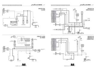 PULSAR 135 LS PULSAR 135 LS
89
88
DIAGRAMAS DE CIRCUITO ELECTRICO
CIRCUITO LUCES
DE FRENO
CIRCUITO DEL
CLAXON
O
F
F
O
N
B/Y
L
B/Y
Br
L
L
Br
Br
L
L
Br
Br/L
W
W
Br
INTERRUPTOR
FRENO TRASERO
INTERRUPTOR
FRENO DELANTERO
IINTERRUPTOR
DE
ENCENDIDO
TIERRA AL CUADRO
LAMPARA CALAVERA Y
ALTO DE LED
B/Y
FUSIBLE DE LUCES
(10 Amps.)
Br/L
Br
Br
REGULADOR
CAPACITOR
W
W
W
W
W
B
W
B
FUSIBLE PRINCIPAL
(10 Amps.)
BATERIA
12V-5Ah MF
W
W
W
R
W/B
CLAXON
B
Br
B/Y
B/Y
INTERRUPTORES MANO IZQ
L
O
F
F
O
N
B/Y
B
B
Br/L
W
Br
INTERRUPTOR
CLAXON
INTERRUPTOR
DE
ENCENDIDO
TIERRA AL
CUADRO
INTERRUPTOR
PASE INTERRUPTOR
DIRECCIONALES
INTERRUPTOR
LUZ ALTA
W
70 MM DIAFRAGMA
W
B
FUSIBLE PRINCIPAL
(10 Amps.)
BATERIA
12V-5Ah MF
W
Br/L
FUSIBLE DE LUCES
(10 Amps.)
Br/L
R
W/B
DIAGRAMAS DE CIRCUITO ELECTRICO
CIRCUITO DE
MEDIDOR DE
COMBUSTIBLE
CIRCUITO DE
DIRECCIONALES
B/Y
W
B/Y
FUSIBLE PRINCIPAL
(10 Amps.)
B/Y
W/Y
FOLTADOR
NIVEL COMBUSTIBLE
W
O
F
F
O
N
B/Y
Br/L
W
W
Br
REGULADOR CD
CON CAPACITOR
INTERRUPTOR DE
ENCENDIDO
TIERRA AL
CUADRO
W/Y
Br
FUSIBLE DE LUCES
(10 Amps.)
W
W
W
Br/L
B
R
W/B
RELEVADOR DE MARCHA
CLASIFICADO 100A
BATERIA 12V-5Ah
TABLERO
INSTRUMENTOS
Br
W/Y
W/Y
Br
PIN NO. 2
ENTRADA SENSOR DE VELOCIDAD
PIN NO. 1
ENTRADA INSTRUMENTOS +
PIN NO. 18
TESTIGO DE LUZ ALTA
PIN NO. 16
INDICADOR NIVEL COMBUSTIBLE
PIN NO. 15
SALIDA SENDOR DE VELOCIDAD
PIN NO. 14
ENTRADA DIRECCIONAL DER
PIN NO. 13
ENTRADA DIRECCIONAL IZQ
PIN NO. 12
TESTIGO DE NEUTRAL
PIN NO. 11
TACOMETRO
PIN NO. 9
TIERRA COMUN
PIN NO. 8
ENTRADA LUZ DE POSICIÓN
PIN NO. 20
ENTRADA PERMANENTE BATERIA+
B/Y
B/Y
W
W
PIN NO. 10
TIERRA COMUN
B/Y
PIN NO. 3,4,5,6&7
PIN NO. 19
NO USADO
PIN NO. 17
NO USADO
CAPACITOR
CON SOPORTE
REGULADOR CD
SIN CAPACITOR
W
B/Y
Br
Br
W/Y
B/Y
W
W
B/Y
B/Y
Gr
Gr
DIRECCIONAL
DELANTERA DERECHA
LAMP 12V-10W
TABLERO
INSTRUMENTOS
Br
Gr
G
G
Gr
Br
PIN NO. 2
ENTRADA SENSOR DE VELOCIDAD
PIN NO. 1
ENTRADA INSTRUMENTOS +
PIN NO. 18
TESTIGO DE LUZ ALTA
PIN NO. 16
INDICADO DE NIVLE COMBUSTIBLE
PIN NO. 15
SALIDA SENSOR DE VELOCIDAD
PIN NO. 14
ENTRADA DIRECCIONALES DER.
PIN NO. 13
ENTRADA DIRECCIONALES IZQU.
PIN NO. 12
TESTIGO NEUTRAL
PIN NO. 11
TACOMETRO
PIN NO. 9
TIERRA COMUN
PIN NO. 8
ENTRADA LUZA DE POSICION
PIN NO. 20
PERMANENTE A BATERIA +
B/Y
B/Y
W
W
PIN NO. 10
TIERRA COMUN
B/Y
PIN NO. 3,4,5,6&7
PIN NO. 19
NO SE USA
PIN NO. 17
NO SE USA
Gr
B/Y
W
MAIN FUSE
(10 Amps.)
W
O
F
F
O
N
B/Y
Gr
G
G
G
B/Y
B/Y
B/Y
Gr
Gr
O
Br
G
G
Br/L
W
W
Br
DIRECCIONAL
TRASERA IZQUIERDA
12V-10W
DIRECCIONAL
TRASERA DERECHA
12V-10W
RELEVADOR
DE DIRECCIONALES
REGULADOR CD
CON CAPACITOR
DIRECCIONAL
DELANTERA IZQUIERDA
LAMP 12V-10W
INTERRUPTOR
DE ENCENDIDO
EARTH-FRAME
O
Br
FUSIBLE DE
LUCES
(10 Amps.)
W
W
W
Br/L
W
B
R
W/B
RELEVADOR
DE MARCHA
CLASIFICADO 100A
BATERIA 12V-5Ah
O L
R
G
Gr
O
INTERRUPTOR
DE CLAZON
INTERRUPTOR
DE
DIRECCIONALES
CAPACITO Y
SOPORTE
REGULADOR CD
SIN CAPACITOR
B/Y
Br
B/Y
B/Y
O
G
 
