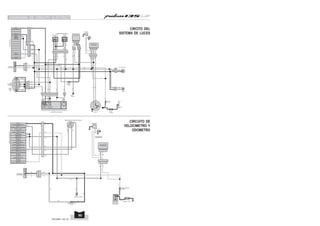 PULSAR 135 LS
90
DIAGRAMAS DE CIRCUITO ELECTRICO
CIRCITO DEL
SISTEMA DE LUCES
INTERRUPTORES MANO DERECHA
R
V
Y/L
INTERRUPTOR DE
LUCES
R
Y
Y/L
R/B
LUZ DE
POSICION
12V-5W
2 Nos. R
B/Y
B/Y
R/B
F
O
F
O
N
B/Y
B/Y
R/Y
Br/L
W
W
Br
FARO
DELANTERO
12V-35/35W
HS1
INTERRUPTOR
DE ENCENDIDO
TIERRA
AL CUADRO
R
R/B
B/Y
R/Y
R/Y
R
B/Y
Y/L
VELOCIMETRO
DIGITAL
Br
B/Y
W
B/Y
B/Y
Br/W
R
CONTROL
DE LEDS
Br/W
B/Y
Br/W
R
R/B
W
Br
R UNIDAD DE CONTROL
DEL FARO DELANTERO
V
Br
B/Y
L/W
B/Y
L/W
Br
V
FUSIBLE
DE LUCES
(10 Amps.)
Br
V
R
R/Y
Y/L
R/B
R/B
INTERRUPTOR
DE PASO
B/Y
INTERRUPTORES MANO IZQUIERDA
HI
LO
R/B
INTERRUPTOR
DE LUZ ALTA
LED'S
B/Y
Br/W
R
B/Y
R/B
Br
Br/L
Br
L/W
L/W
B/Y
W
L/W
L/W
W
B/Y
L/W
L/W
MAGNETO
CAPACITOR
W
W
W
W/B
W
B/Y
R
R
B/Y
CALAVERA TRASERA
MAIN FUSE
(10 Amps.)
W
B
R
W/B
BATTERY
12V-5Ah MF
CABLE ASSY.
EARTH
ENGINE
MTG.
BOLT
-
+
W
R/W
R
B Y
/
LUZ DE
PLACA
B/Y
REGULADOR CD
CON CAPACITOR
PIN NO. 1
ENTRADA INSTRUMENTOS +
PIN NO. 18
TESTIGO LUZ ALTA
PIN NO. 9
TIERRA COMUN
PIN NO. 8
ENTRADA LUZ DE POSICION
PIN NO. 20
ENTRADA PERMANENTE BATERIA
PIN NO. 10
TIERRA COMUN
PO
OFF ON
CIRCUITO DE
VELOCIMETRO Y
ODOMETRO
B/Y
W
FUSIBLE PRINCIPAL
(10 Amps.)
W
O
F
F
O
N
B/Y
Br/L
W
W
Br
REGULADOR CD
CON CAPACITOR
INTERRUPTOR
DE ENCENDIDO
TIERRA AL CUADRO
R/W
L/W
SENSOR DE VELOCIDAD DEL VEHICULO
B/Y
Br
FUSIBLE DE LUCES
(10 Amps.)
W
W
W
Br/L
W
R
W/B
STARTER RELAY
100A RATING
BATERIA 12V-5Ah
TABLER
DE
INSTRUMENTOS
Br
Br
PIN NO. 2
ENTRADA SENSOR DE VELOCIDAD
PIN NO. 1
ENTRADA INSTRUMENTOS +
PIN NO. 18
TESTIGO DE LUZ ALTA
PIN NO. 16
INDICADOR DE NIVEL COMBUSTIBLE
PIN NO. 15
SALIDA SENSOR DE VELOCIDAD
PIN NO. 14
ENTRADA DIRECCIONAL DER
PIN NO. 13
ENTRADA DIRECCIONAL IZQ
PIN NO. 12
TESTIGO DE NEUTRAL
PIN NO. 11
TACOMETRO
PIN NO. 9
TIERRA COMUN
PIN NO. 8
ENTRADA LUZ DE POSICION
PIN NO. 20
ENTRADA PERMANENTE BATERIA +
R/W
B/Y
L/W
B/Y
W
W
PIN NO. 10
TIERRA COMUN B/Y
PIN NO. 3,4,5,6&7
PIN NO. 19
NO USADO
PIN NO. 17
NO USADO
R/W
L/W
B/Y
CAPACITOR Y
SOPORTE
REGULADOR CD
SIN CAPACITOR
B/Y
Br/L
Br
B/Y
 
