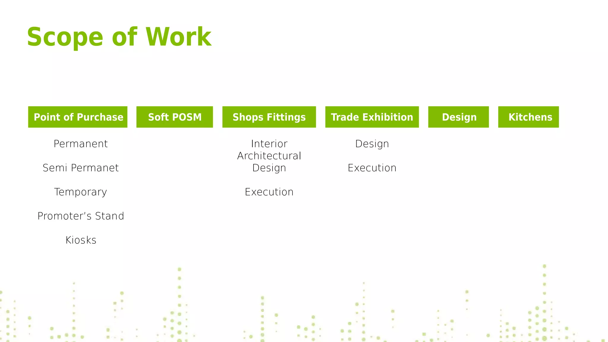 Permanent
Semi Permanet
Temporary
Promoter’s Stand
Kiosks
Interior
Architectural
Design
Execution
Design
Execution
Scope of Work
Point of Purchase Soft POSM Shops Fittings Trade Exhibition Design Kitchens
 