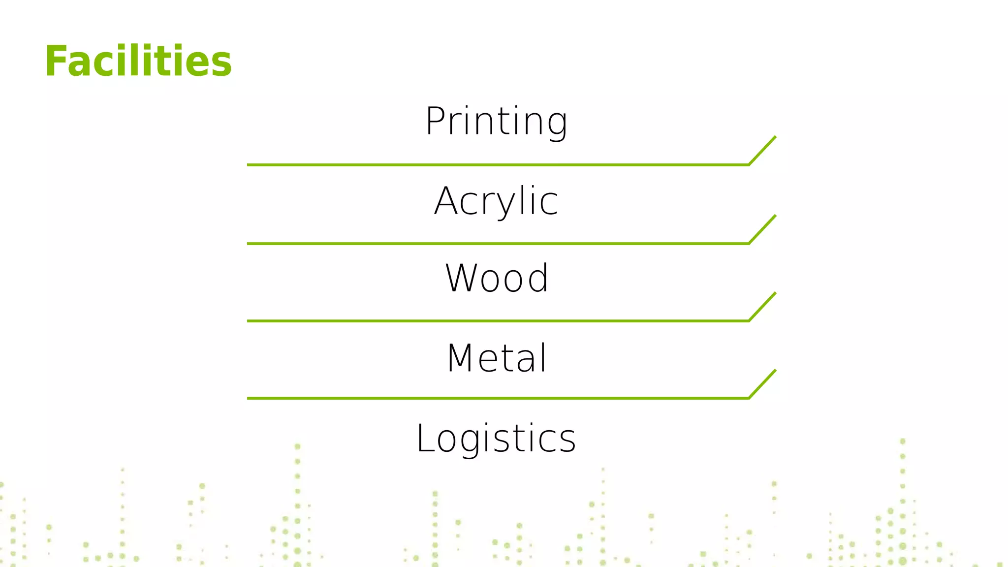 Printing
Acrylic
Wood
Metal
Logistics
Facilities
 