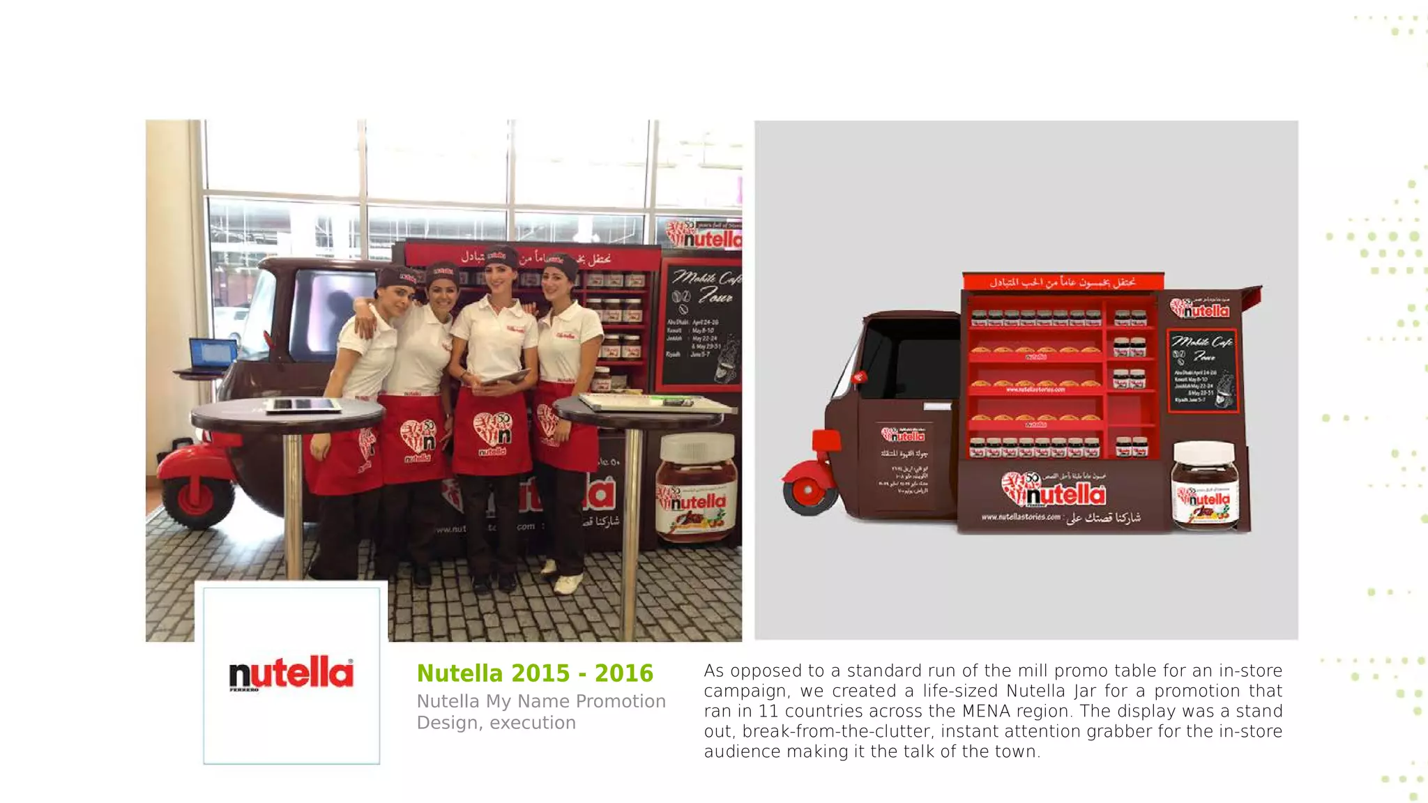 Nutella 2015 - 2016
Nutella My Name Promotion
Design, execution
As opposed to a standard run of the mill promo table for an in-store
campaign, we created a life-sized Nutella Jar for a promotion that
ran in 11 countries across the MENA region. The display was a stand
out, break-from-the-clutter, instant attention grabber for the in-store
audience making it the talk of the town.
 